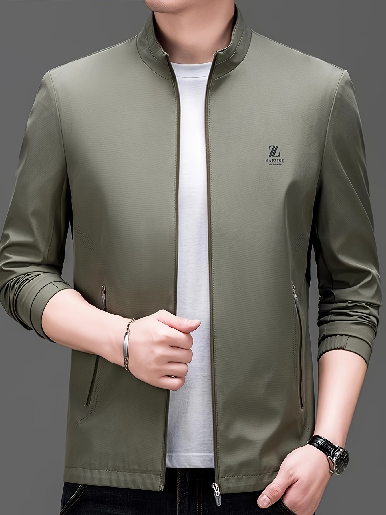 men's casual stand collar jacket 100% polyester solid color men's casual stand collar jacket 100% polyester solid color
