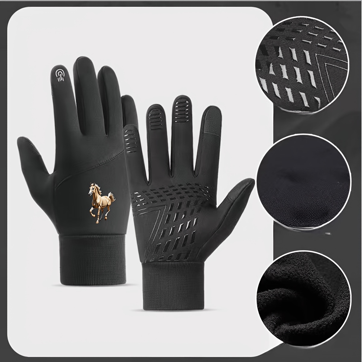 Image of Men's & Women's Thermal Windproof Winter Gloves - Horse Print ( ) Non-slip Grip, Thick Equestrian Gloves For Skiing, Snowboarding, Riding - Cold Weather & Outdoor Activities (black)