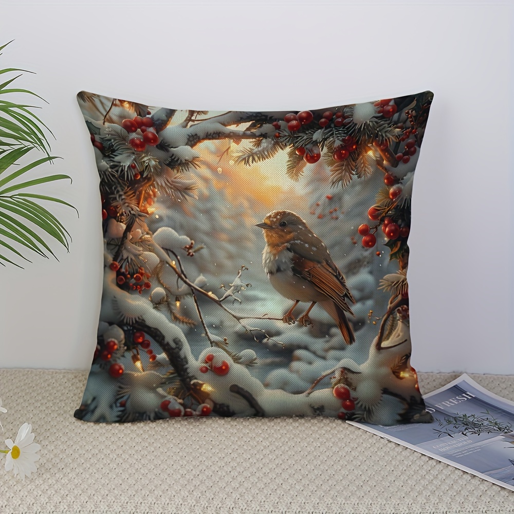 

Winter Wonderland Bird & Berries Linen Pillow Cover - Zippered, Machine Washable Cushion Case For Sofa And Home Decor