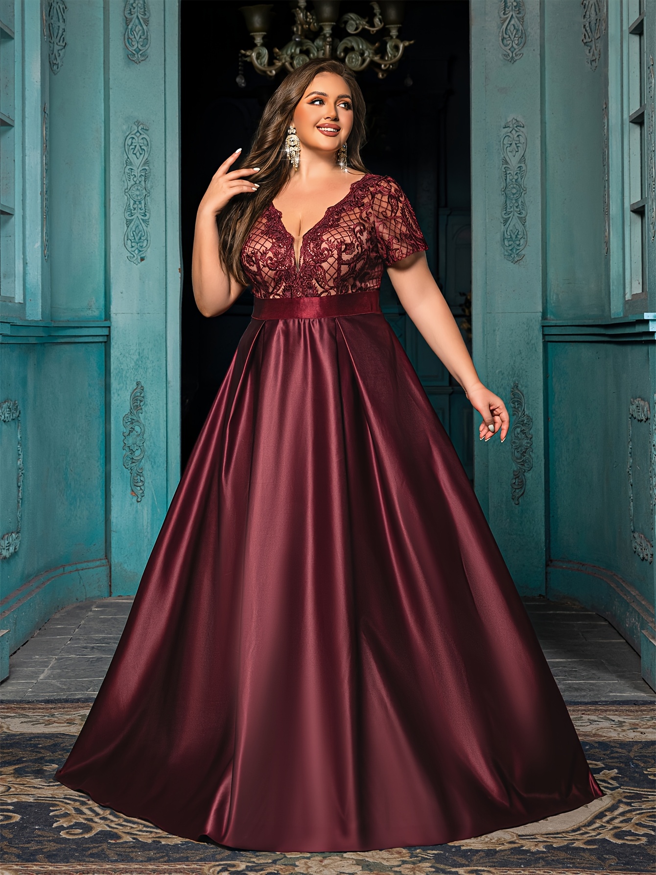 wine plus size formal dresses Amazon.com: SCOMCHIC Women's Plus Size Wedding Guest Dress Formal Lace  Square Neck Short Sleeve Smocked Flowy Cocktail Maxi Dresses Burgundy :  Clothing, Shoes & Jewelry