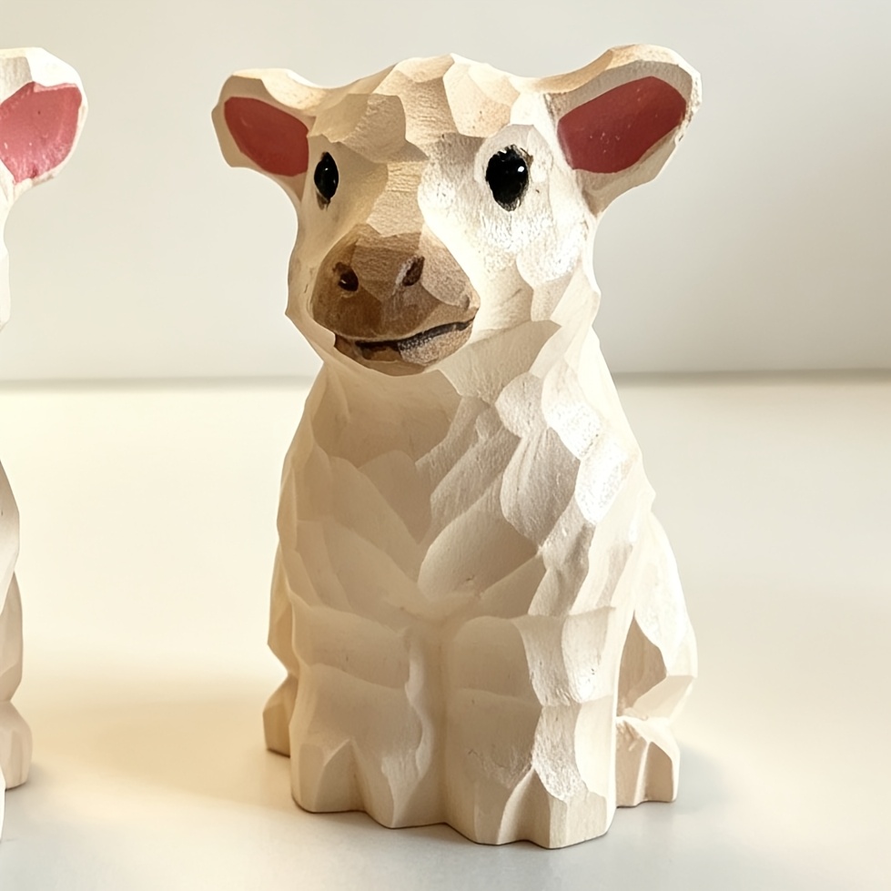 TEMU Weißes kleines Lamm, handgefertigtes Holzsnitzwerk, niedliches Tiermotiv, Dekoration für Zuhause und Feiertage, Ornament, um Atmosphäre zu