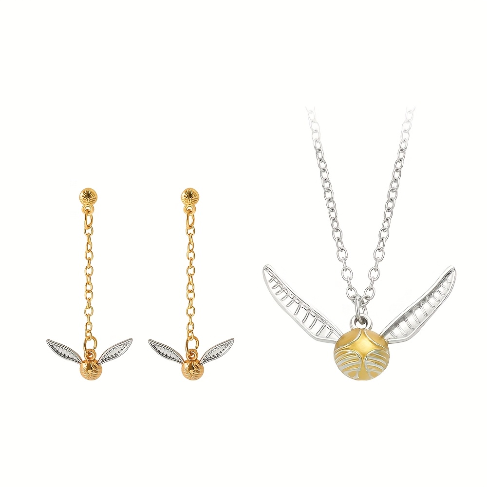 Image of 3pcs Golden Necklace Earrings Set Hogwarts Hermione Neck Chain For Fans Gift Accessories