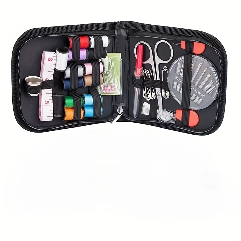 E-shop Professionelles Nähset, inklusive 3 Nadeln, großer Garnspule, Schneiderschere tragbarem Etui – Strapazierfähiges schwarzes Canvas-Reisenähset,
