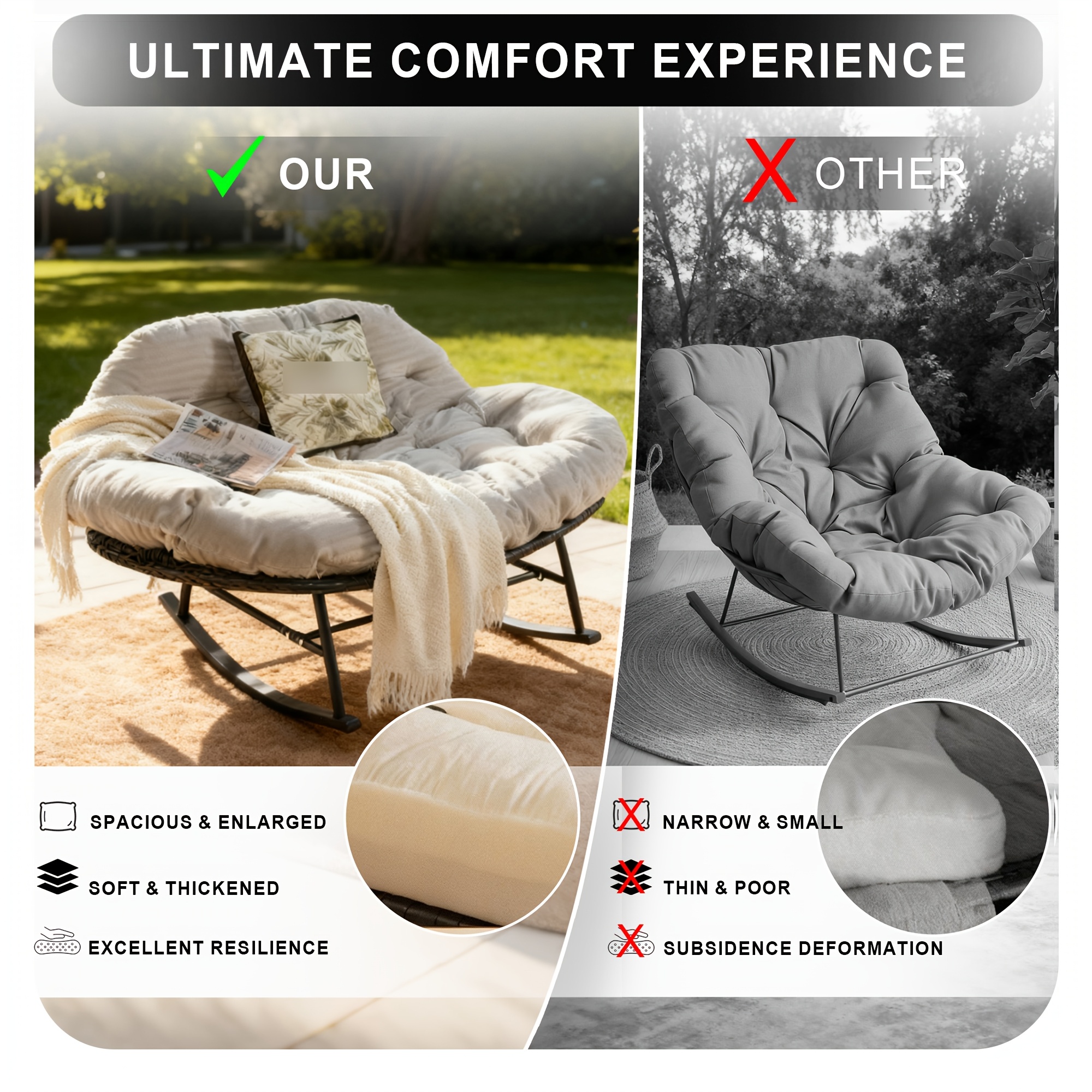 [Outdoor Rocking Chair] Double Outdoor Rocking Papasan Chair, 2-Person Oversized Loveseat Rocker with Thickened Soft Cushion And Rattan Wicker Frame for Patio, Garden, Balcony Relaxation