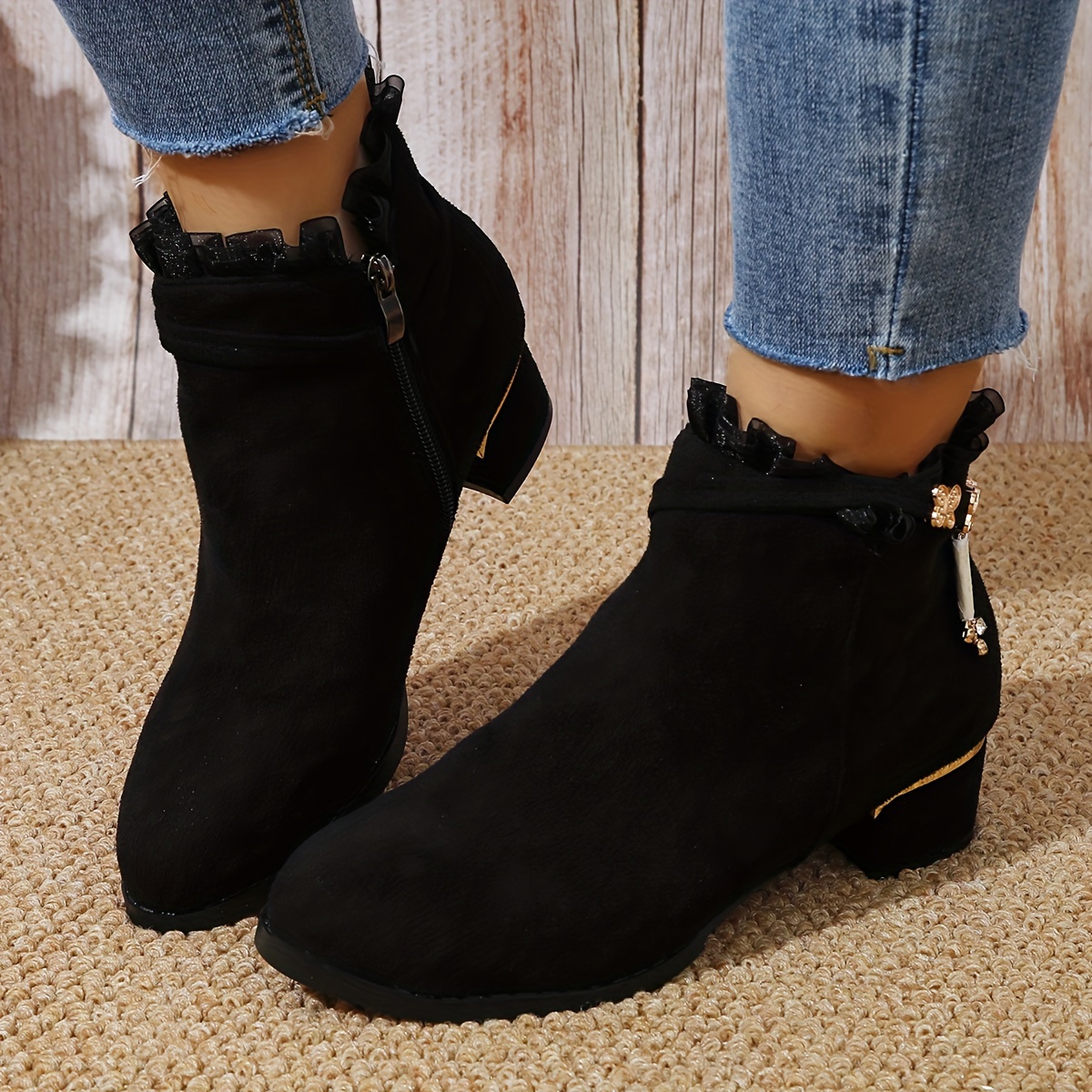 

Chic Women's Ankle Boots With Side Zipper - Mid-heel, Comfortable Fabric , All