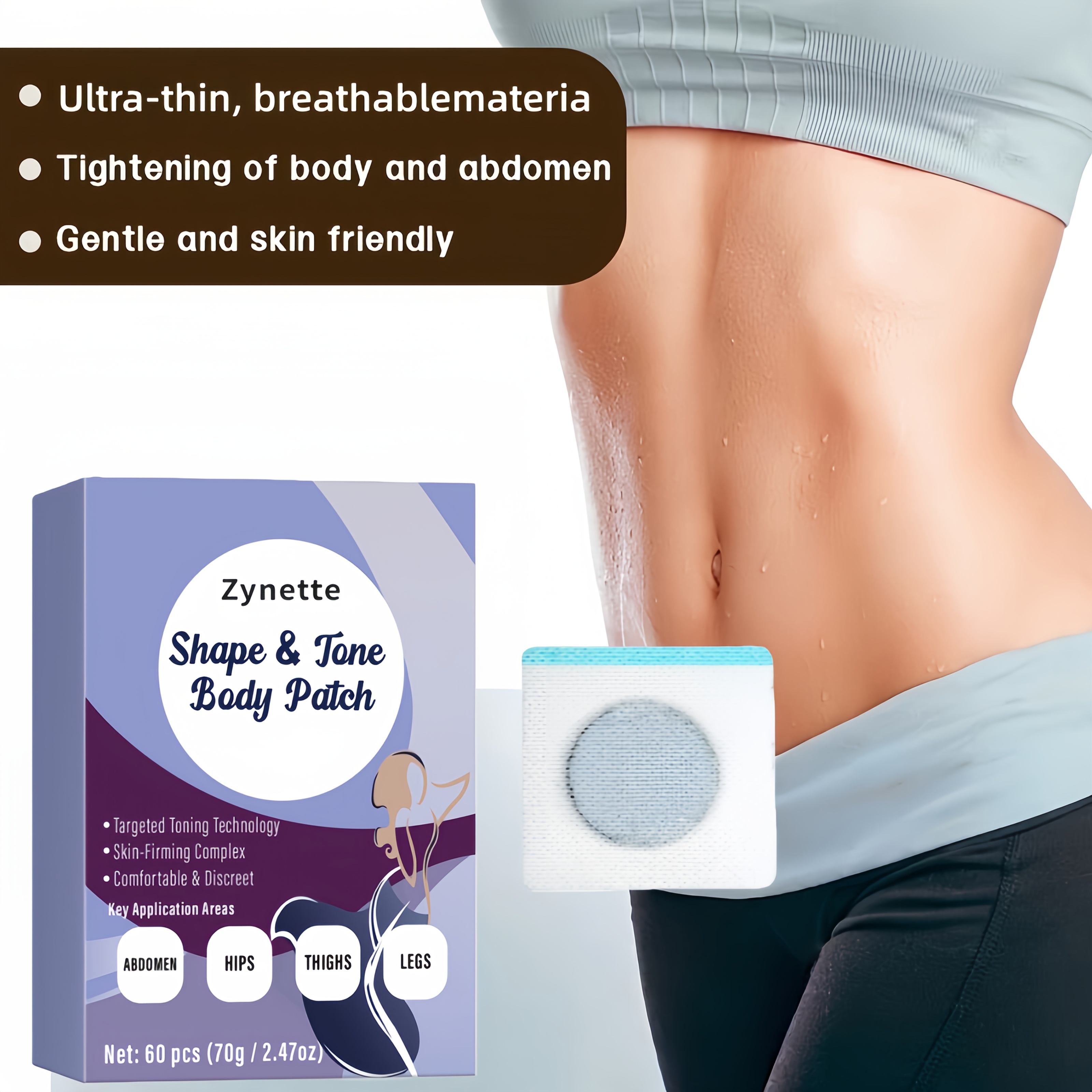 Zynette Shape & Firms Body Patches(60 Count), Targeted Firming for Abdomen Hips Thighs Legs, Comfortable & Discreet Skin-Firming Complex, Perfect Gift for Fitness Enthusiasts Beginners, Ultra-Thin, Breathablemateria