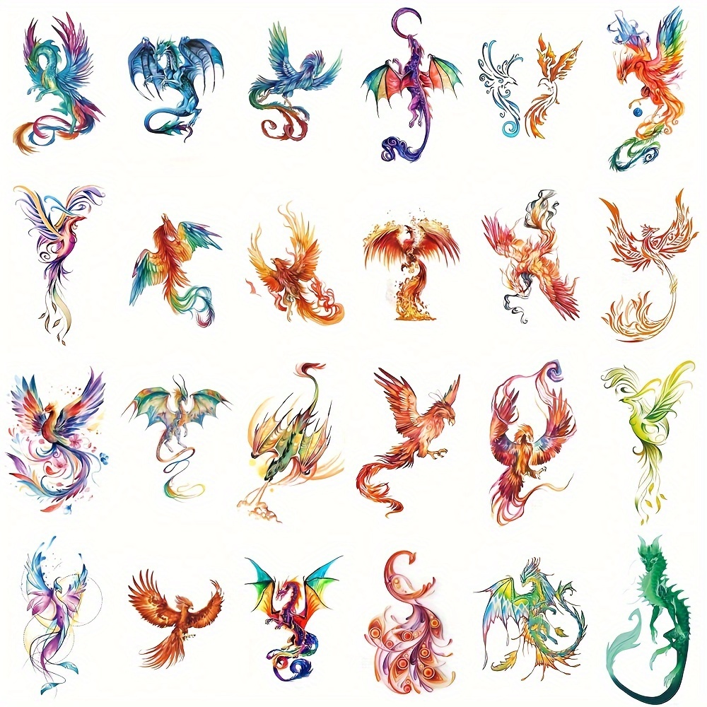 

Wyuen 24-piece Waterproof Temporary Tattoos - Phoenix & Dragon Designs For Face, Body & Hands | Easy Apply Makeup Stickers