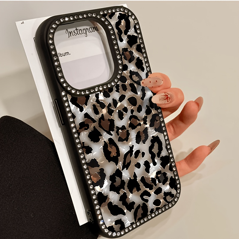 TEMU Phone Case - 1pc Dual-sided Phone Case With Marble Leopard Print And Diamond Inlay Design, Designed For Iphone 17 Pro Max, 16, 15 Pro, 14 Plus,