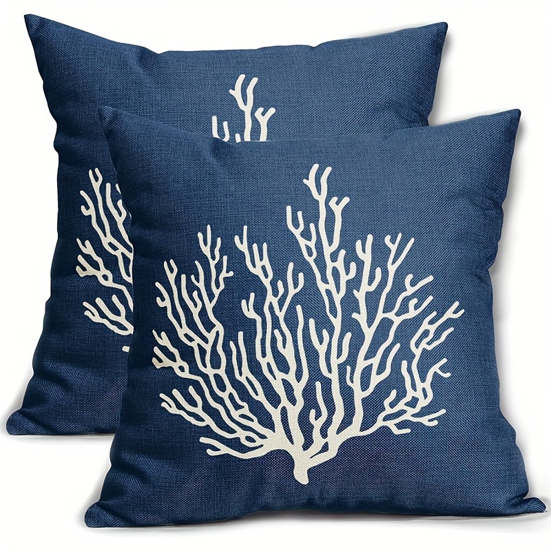 

2-piece Navy Blue Coastal Coral Pillow Covers - Nautical Ocean Theme, Linen Throw Pillow Cases For Sofa & Bed Decor, Zip Closure, Machine Washable (no Insert)