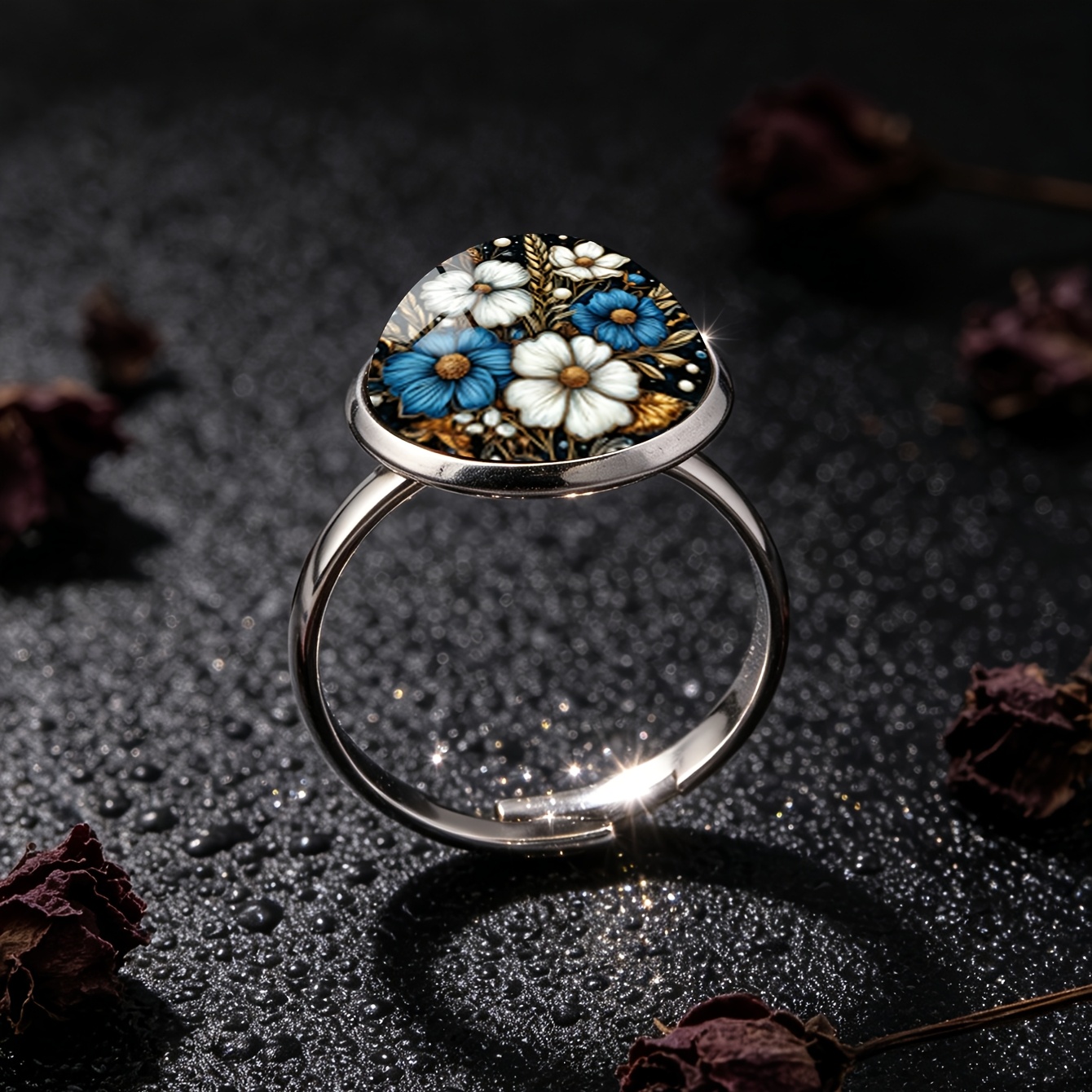 Dark Style Blue & White Floral Wheat Spike Pattern Ring