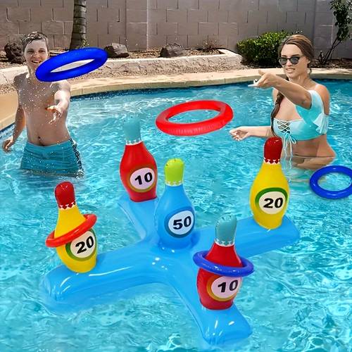 item picture 5pcs inflatable bowling game set suitable for family bar drinking games and poolside fun made of durable pvc material 14 and up circle colors are random