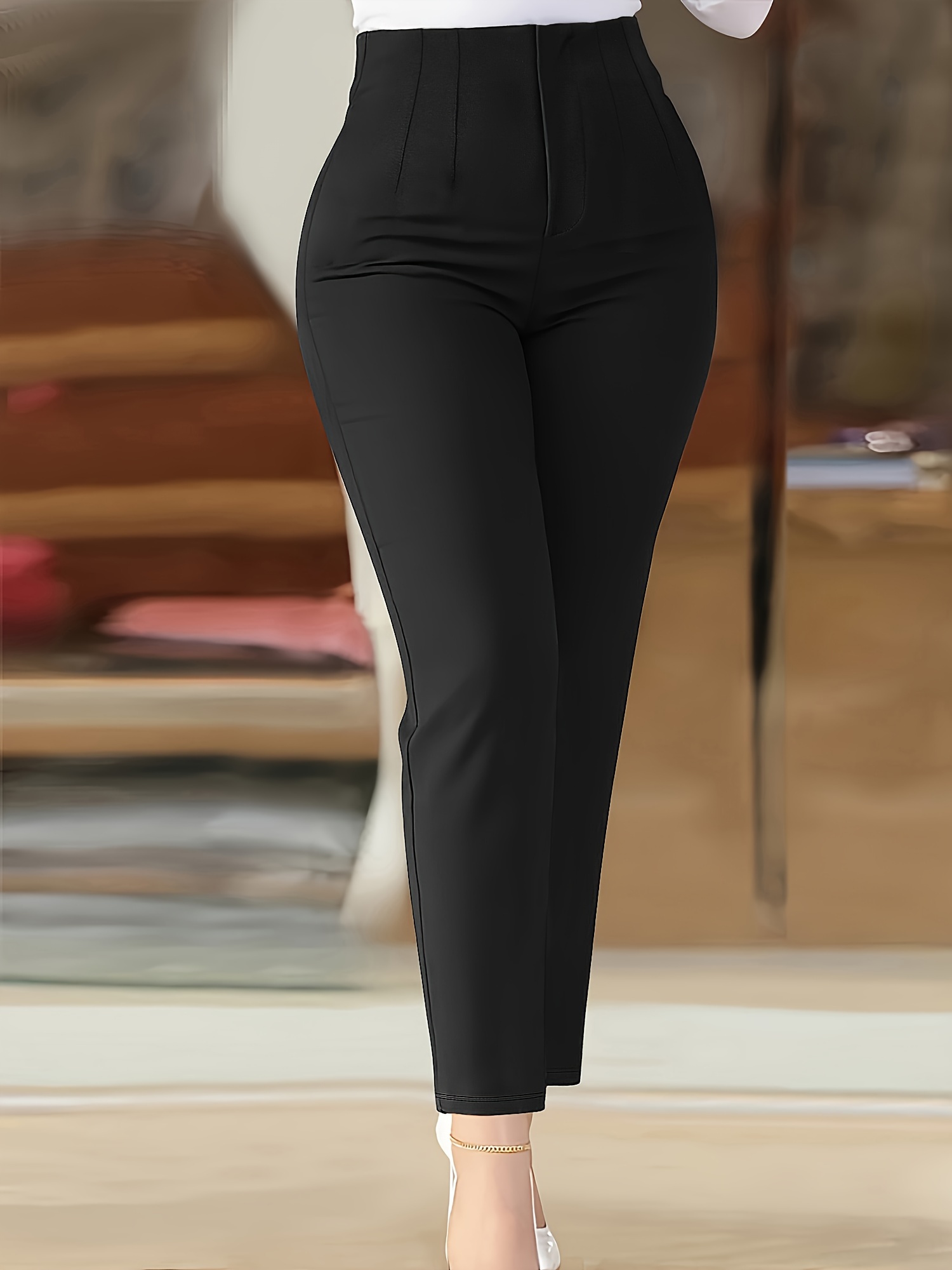 Women's Elegant Office Trousers *-* Pants with Zipper Closure, Solid  Black Versatile Workwear, Machine Washable, High Waist