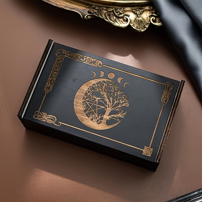 TEMU Mystical Wooden Card Storage Box - Portable Sliding Design Featuring Astrological Symbols: Tree Of Life, Pentagram, Moon, And Stars | Versatile