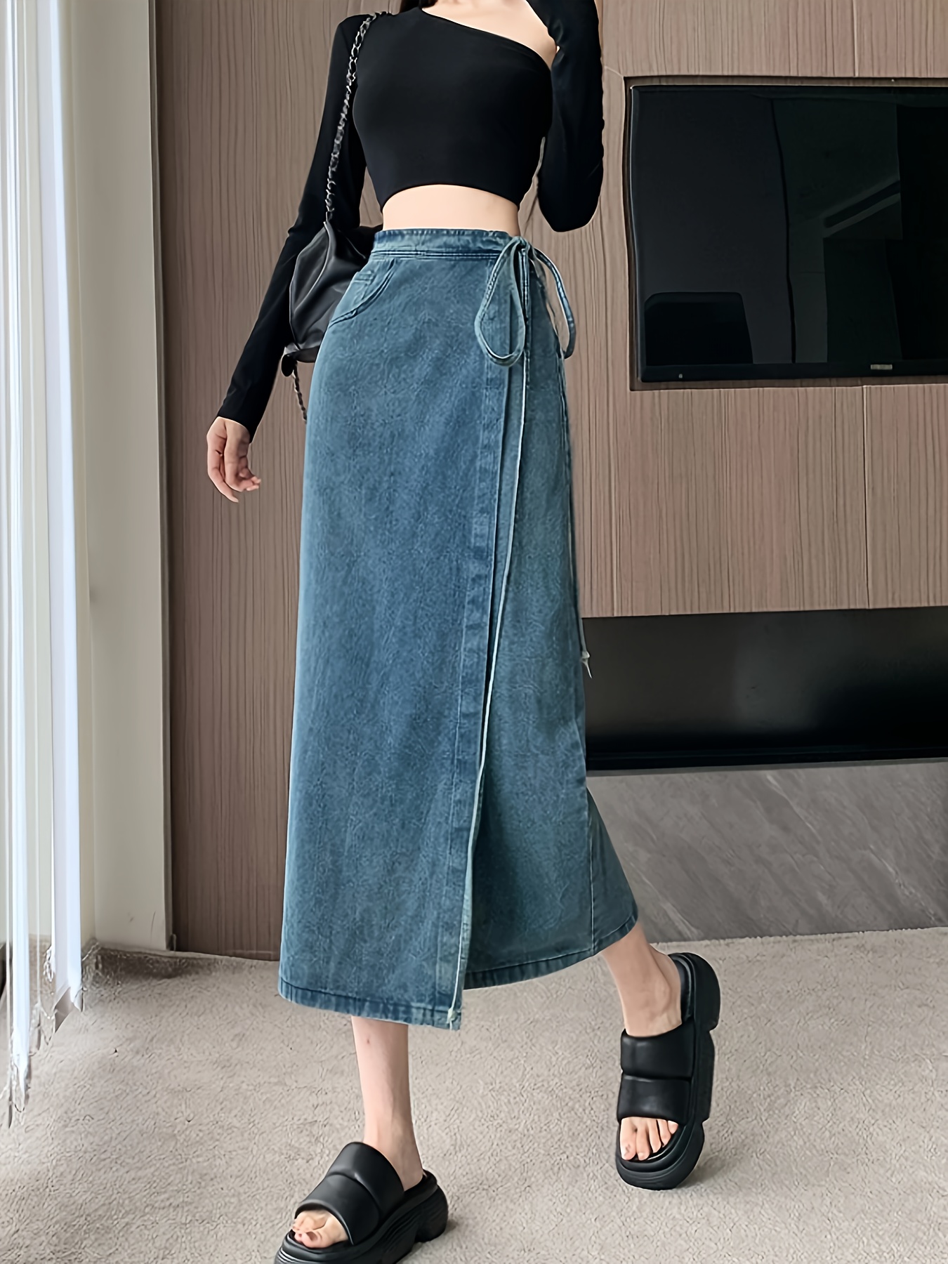 Taille Haute Jupe Longue Bretelles Jupe En Denim à Taille Haute