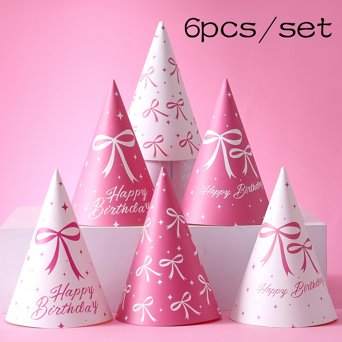 TEMU Ensemble de 6 chapeaux d'anniversaire en papier multi-styles, avec des de nœuds élégants et le texte "Joyeux Anniversaire", adaptés à divers