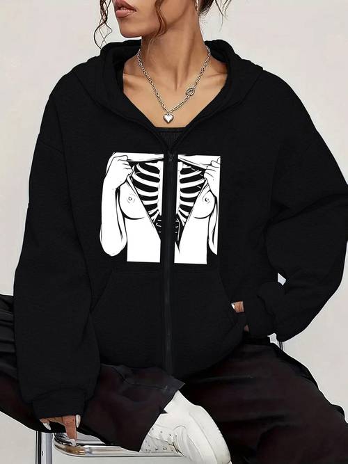 giacca con cappuccio e cerniera con motivo a scheletro scuro, 1 pz cardigan felpa con cappuccio da donna, felpa con cappuccio e zip stile personalità dark per donna, vestibilità regolare, tessuto confortevole, adatta a , disponibile in più taglie e colori