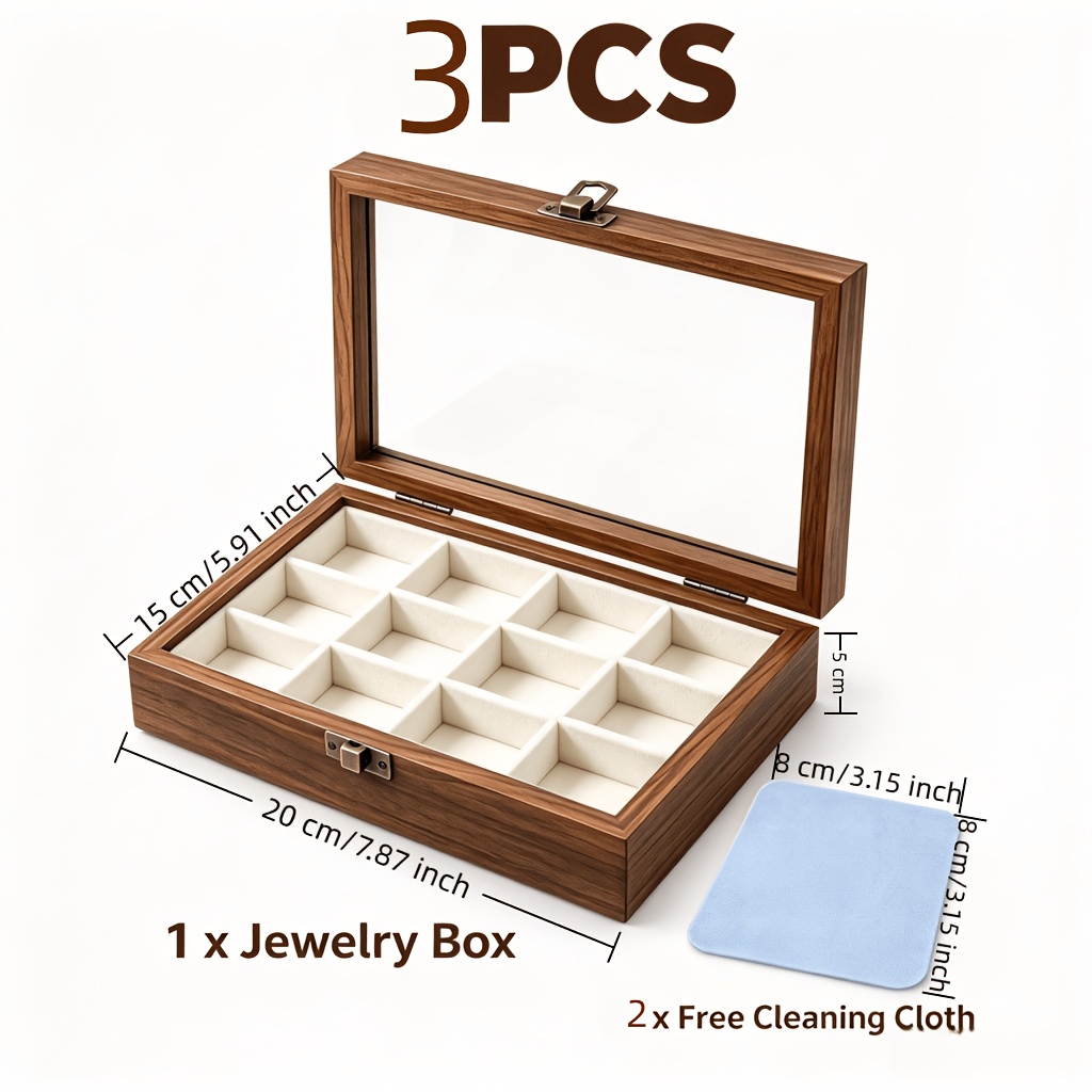 Wooden Ring and Earring Storage Box with Glass Lid