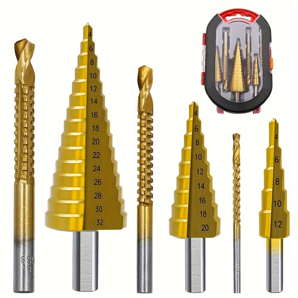 

Step Drill Bit Set, 6pcs Hss Steel For Stainless Steel, Metal, Wood, Plasticdrilling 4-32mm/ 4-20mm/ 4-12mm/ 6mm/ 8mm/ 3mm