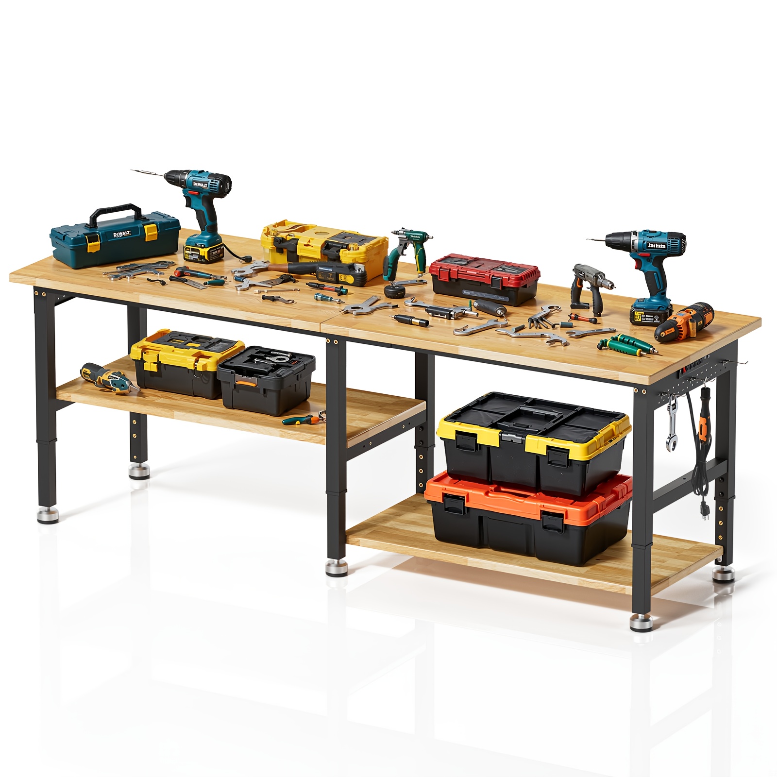 TEMU 96"84"72" Heavy Duty Workbench, 2-tier Adjustable Work Table With Power Outlet And Pegboard, 5000 Lbs Capacity Rubber Wood Bench For Garage
