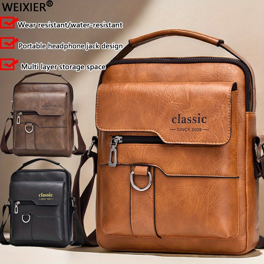 TEMU 1pc Men's Waterproof Pu Leather Crossbody Bag, Large Capacity Retro Business Shoulder Bag, Ideal Gift For Men