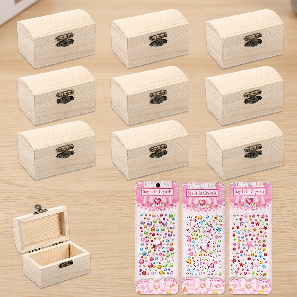 Image of 10pcs Set Of Unfinished Wooden Treasure Boxes, Includes 3 Sheets Of Glitter Stickers, Small Wooden Box With Metal Clasp, Suitable For Diy Craft Decoration, Jewelry Storage, And Gift Boxes