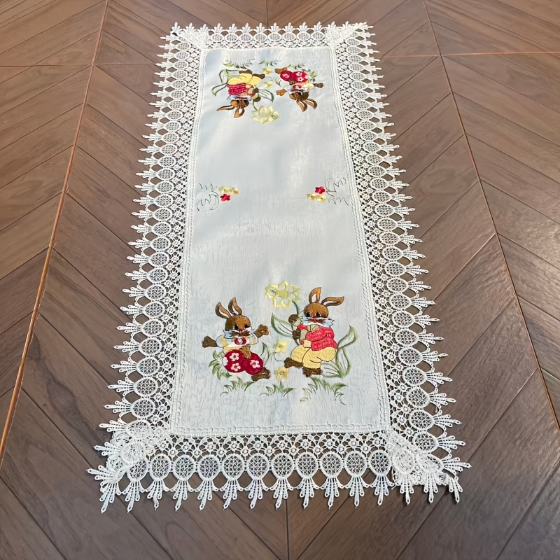 TEMU 1pc Beige Rabbit Embroidered Delicate Party Tablecloth, Square Or Rectangular Table Runner, Suitable For Holiday Parties, Birthday Dinners,