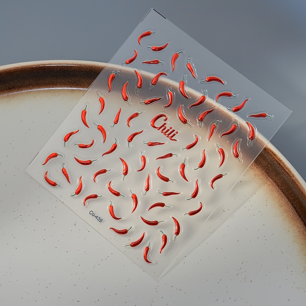 Image of 1pc Realistic Chili Pepper Nail Stickers Waterproof Glossy Diy Transfers - Pepper & Seed Design For Nails, Fingertips, Toenails, Hair, Cuticles - Temporary Manicure/pedicure Decals (no Lamp Needed)