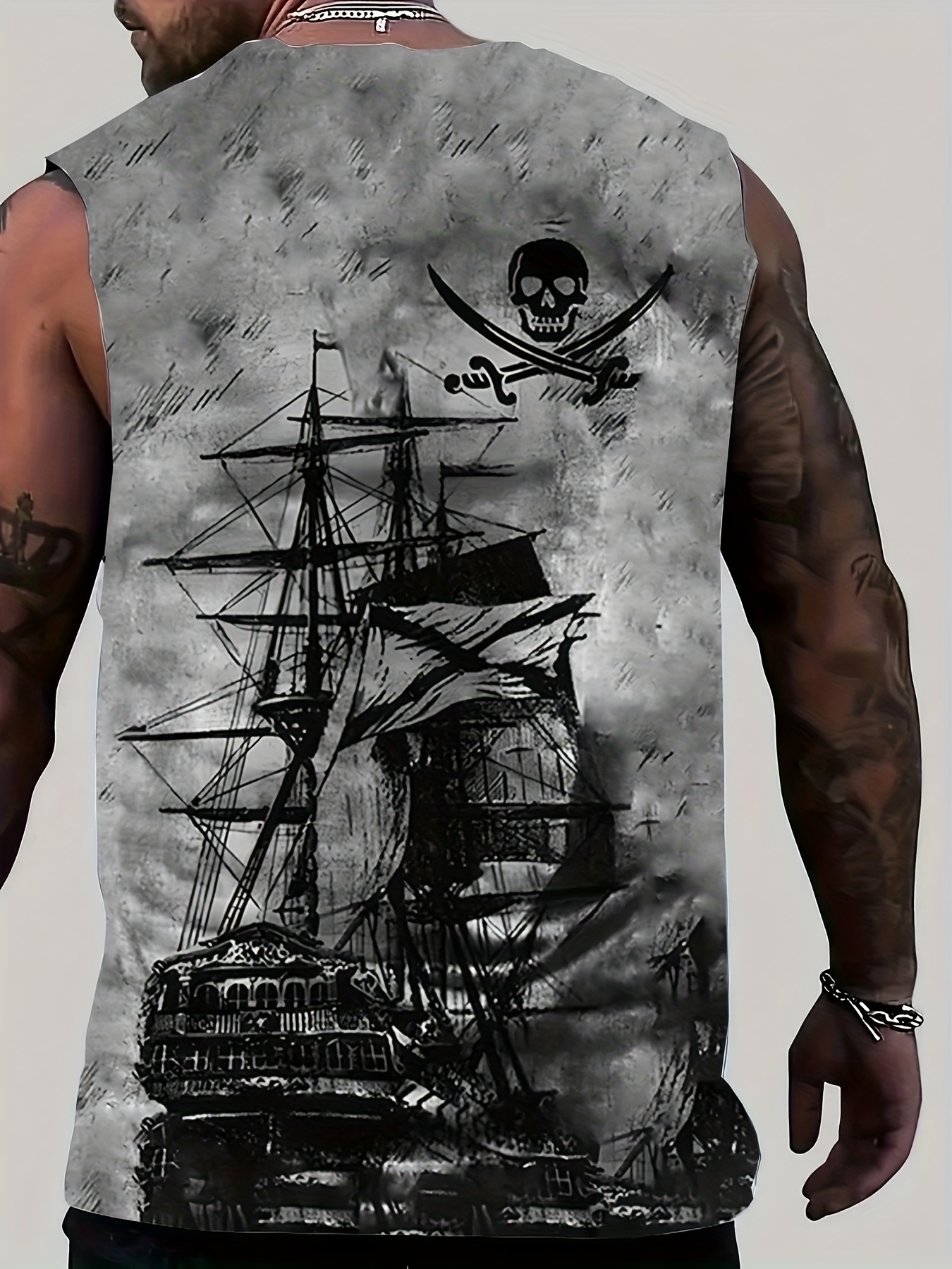 Men's Plus Size Pirate Ship Graphic Tank Top - Breathable Polyester, Street Style Sleeveless Shirt for Summer, PLUS SIZE
