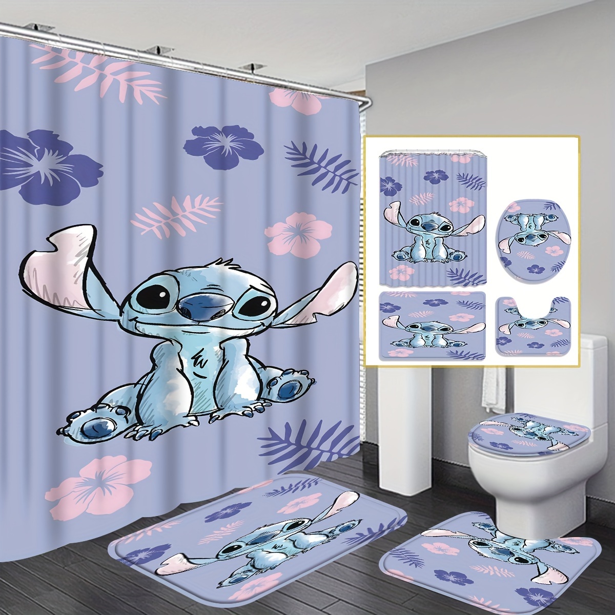 

Disney Stitch 4-piece Shower Curtain Set - Waterproof, Includes 12 Hooks & Non-slip Bath Mats, U-shaped Toilet Mat - Perfect For Bathroom Decor