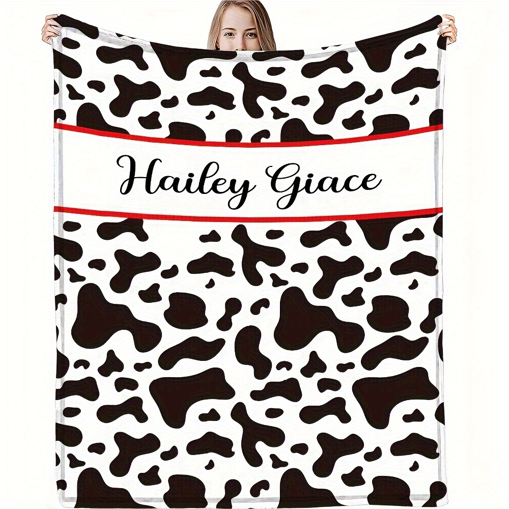 

1pc Personalized Grace Cow Print Flannel Blanket - Custom Name, Soft Warm Knitted Polyester, , Ideal For Bedroom, Sofa, Bed, Travel, Camping, Gift For