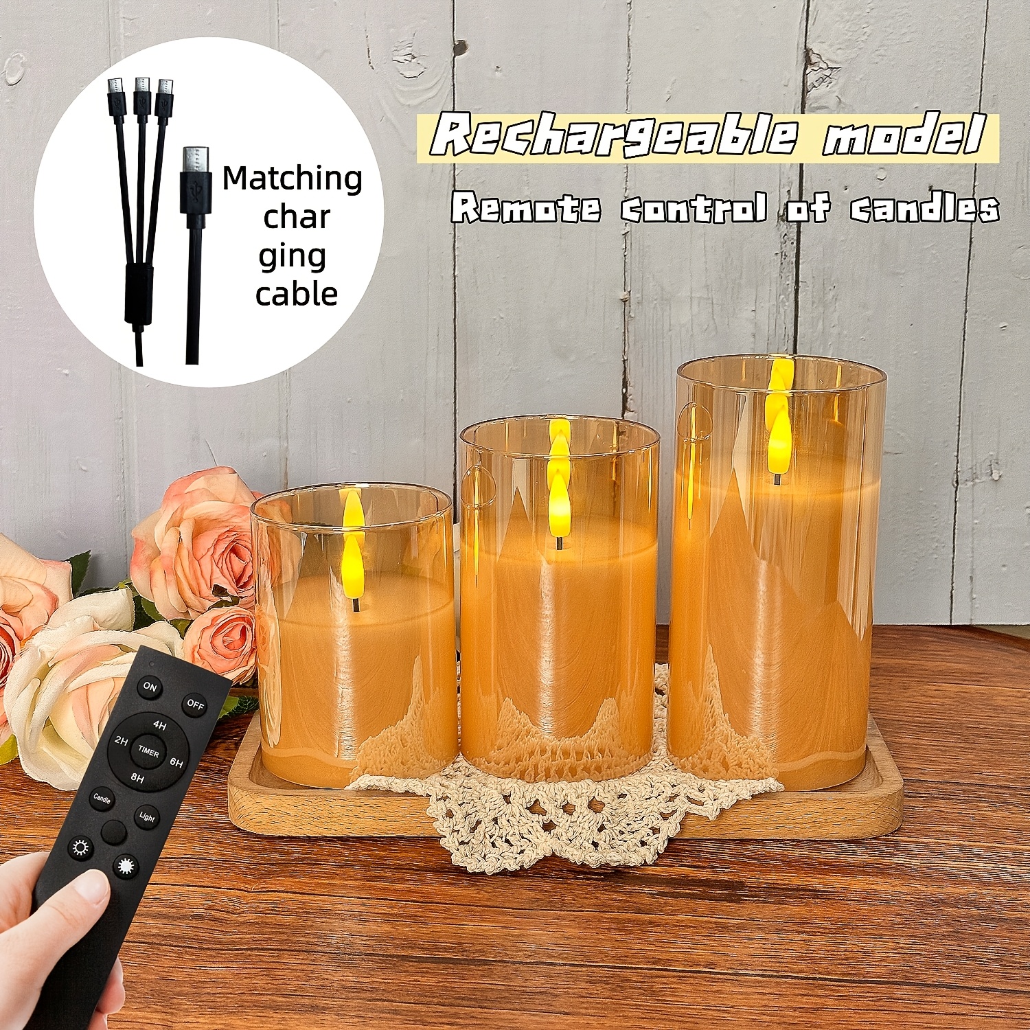 TEMU Electric Silent Rechargeable Candle Warm Lights Golden 3pcs, With Timer And Dimmable Function - Smokeless Candle Lamps - Featuring 2/4/8 Hour