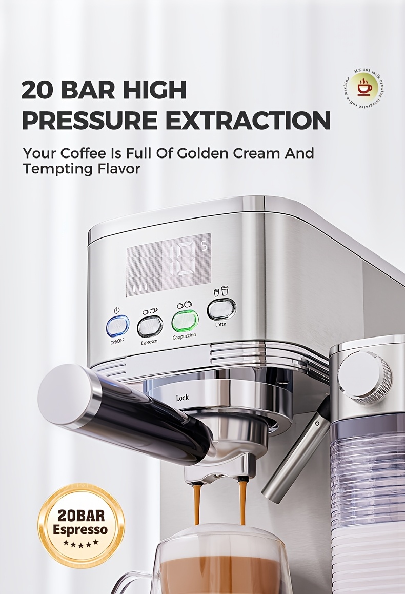CAFELFFE Semi-Automatic Espresso Machine MK801 with Automatic Milk Frothing System, One-Touch Operation for Espresso, Latte & Cappuccino, 20BAR High Pressure, 1.3L Water Tank & 0.7L Milk Tank, Self-Cleaning Function, 1350W Power, 220-240V, Italian Semi-Automatic Coffee Maker with Digital Display & Temperature Control, Compact Design for Home & Office Use, Ideal for Coffee Lovers & Small Businesses, Cappuccino Machine, Latte Brewing, Modern Espresso, Sleek Coffee Maker, Durable, Coffee
