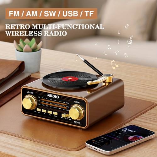 a multifunctional radio wireless speaker with a vintage design that can connect to a phone for music it has good and is a rechargeable portable fm am sw radio making it a great decorative piece for home and an gift