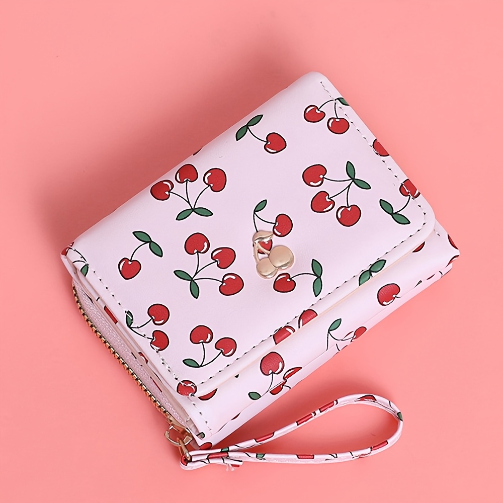 TEMU New Women's Short Wallet With Cherry Print, Foldable Zipper Fashion Clutch, Multi-card Slot Coin Purse, Wristlet Wallet, Suitable For Daily Use,