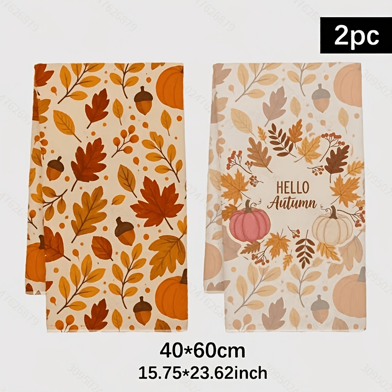 TEMU Lot de 2 serviettes de cuisine, motif imprimé feuilles mortes d'automne et citrouille, 40x60cm rectangulaires en microfibre, torchons, nappes,