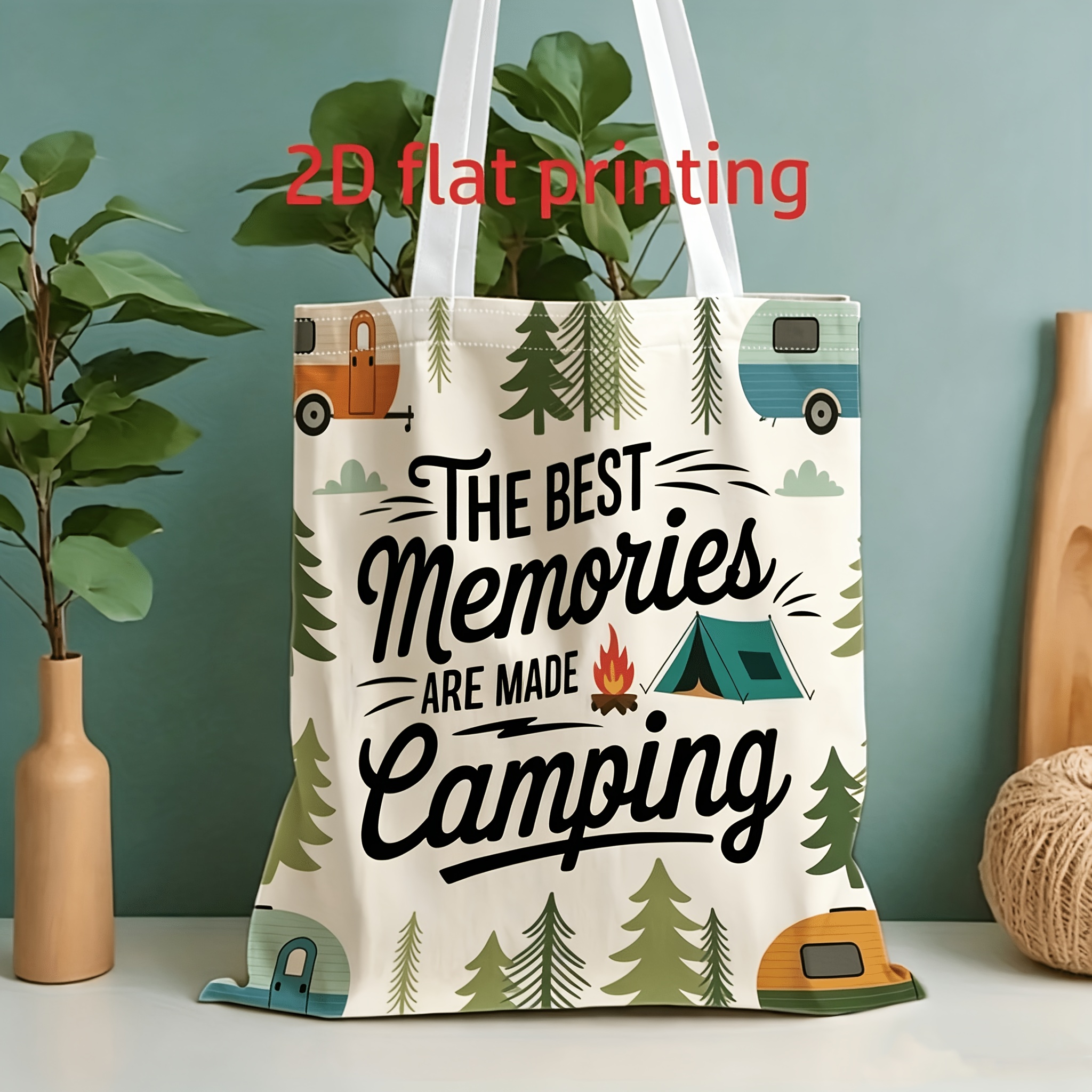 TEMU Unisex 2d Flat Tote Bag With "the Best Memories Are Made Camping" Pattern, A Reusable Single-shoulder Tote Bag Suitable For Casual Vacations,