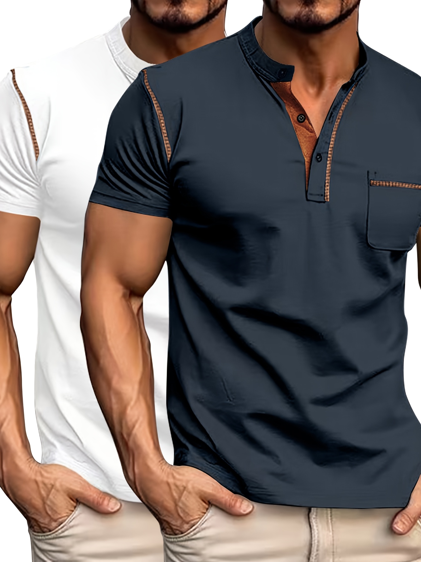 Conjunto de duas peças casual para homem, camiseta, camiseta de manga curta com decote em V e detalhes de botão, camiseta desportiva ajustada.