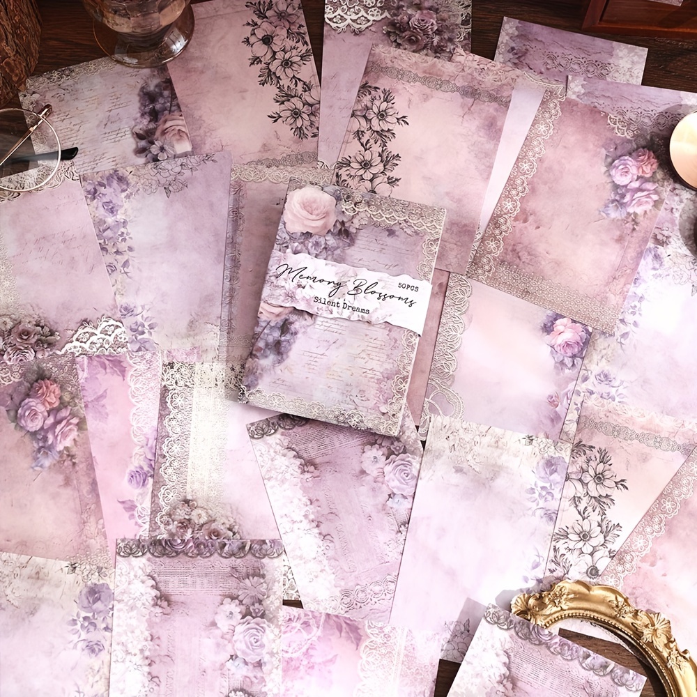 

Vintage Purple Lace Flower Non-stick Scrapbook Paper - 50 Sheets, Large Size, Decorative Base Material, Perfect For Diy Art, Craft, Journaling, Notebooks, Planners, And Stationery Supplies