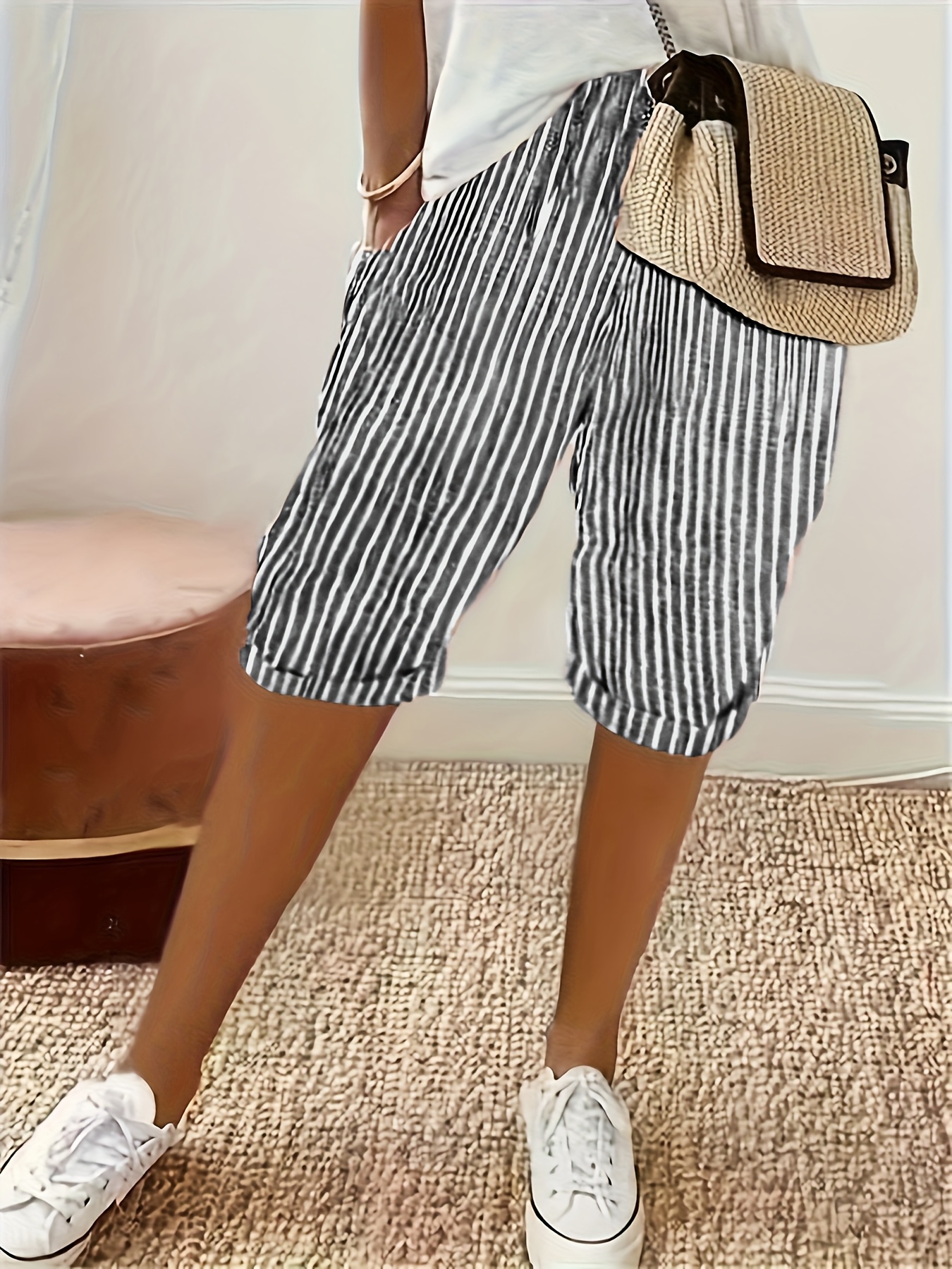 Women's Retro Striped Casual Bowknot Capri Shorts High-Waisted, Wide-Leg  Design, Lightweight Polyester, Machine Washable Summer Outfits