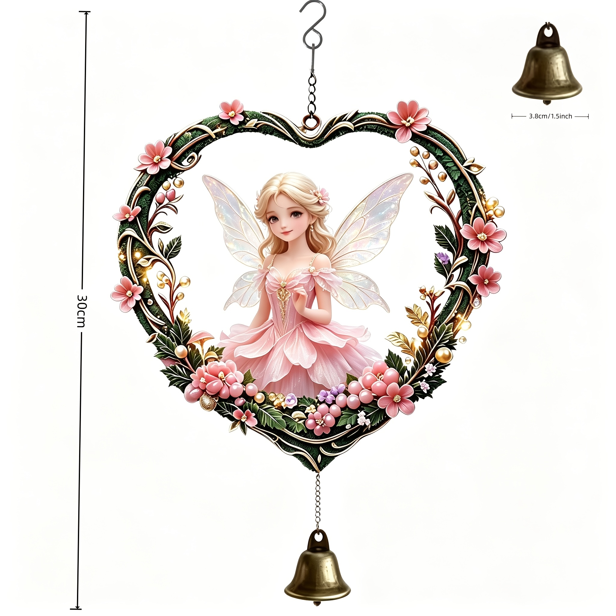 TEMU Heart-shaped Flower Frame Pink Fairy Single Wind Chime Pendant, Suitable For Indoor Windowsills, , And Outdoor Courtyards