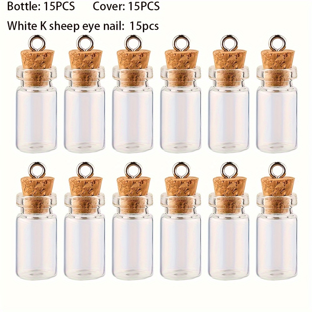 TEMU Glass Miniature Vial Charm Kit With Cork Stoppers And Eye Screws For Pendants, 15 Sets Per Box - Small Clear Glass Bottle Assortment For Making