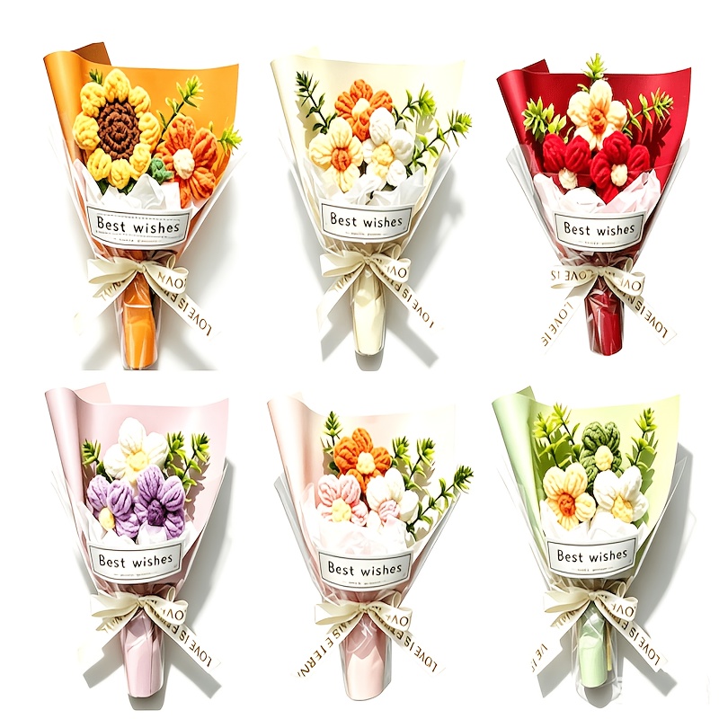 TEMU 6pcs Set Of Handmade Mini Crochet Bouquets- Realistic Miniature Floral Arrangements, Suitable For Wedding Table Flowers, Valentine's Day Gifts,