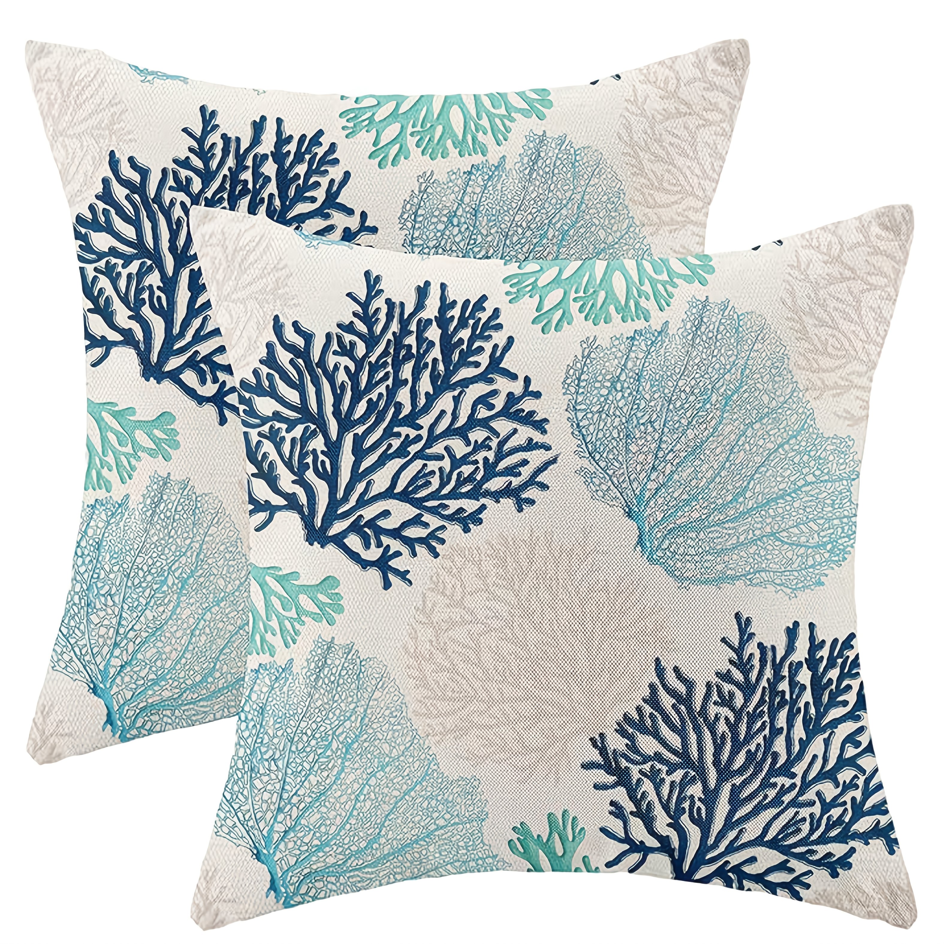 

2pcs Coastal Coral Branch Pillow Covers, Nautical Theme, Turquoise Navy Blue Polyester Decorative Cushion Cases With Zipper, Machine Washable, Contemporary Design For Multiple Room Couch Decor