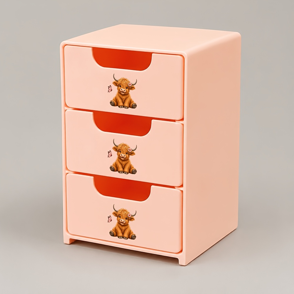 TEMU Storage Boxes, Cute Highland For Cow Drawer Storage Organizer, 3-drawer Mini Plastic Desktop Organizer, Farmhouse Animal Print, Compact Storage