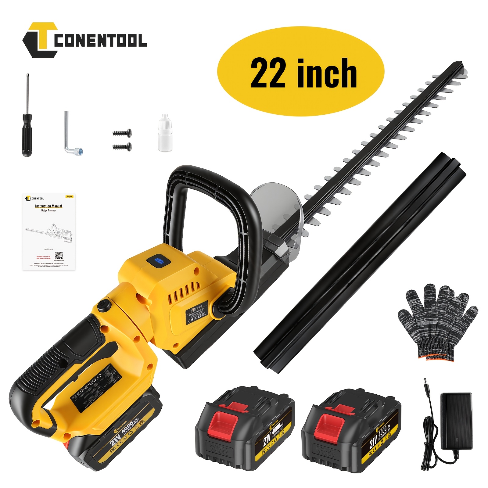 Image of 90° Adjustable Cutting Angle With Conentool 21v 22in Cordless Hedge Trimmer | Battery Level Indicator | Long-lasting 4000mah Battery | Essential For Trimming In Gardens, And Parks. The Set Does