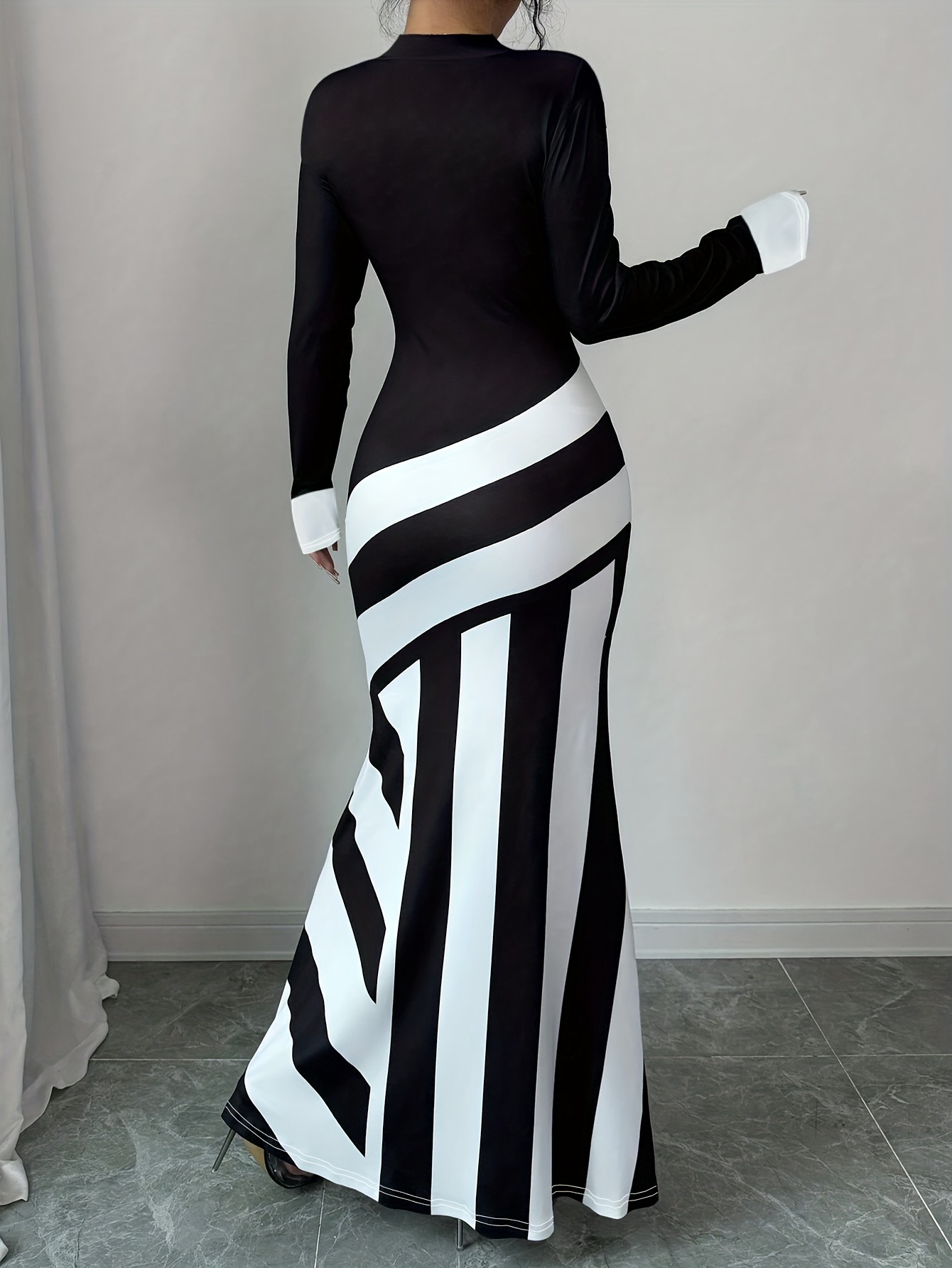 女士优雅高领条纹修身鱼尾裙 - 可机洗中弹力中长款连衣裙，适合春秋季办公室与休闲穿搭 商品详情 7