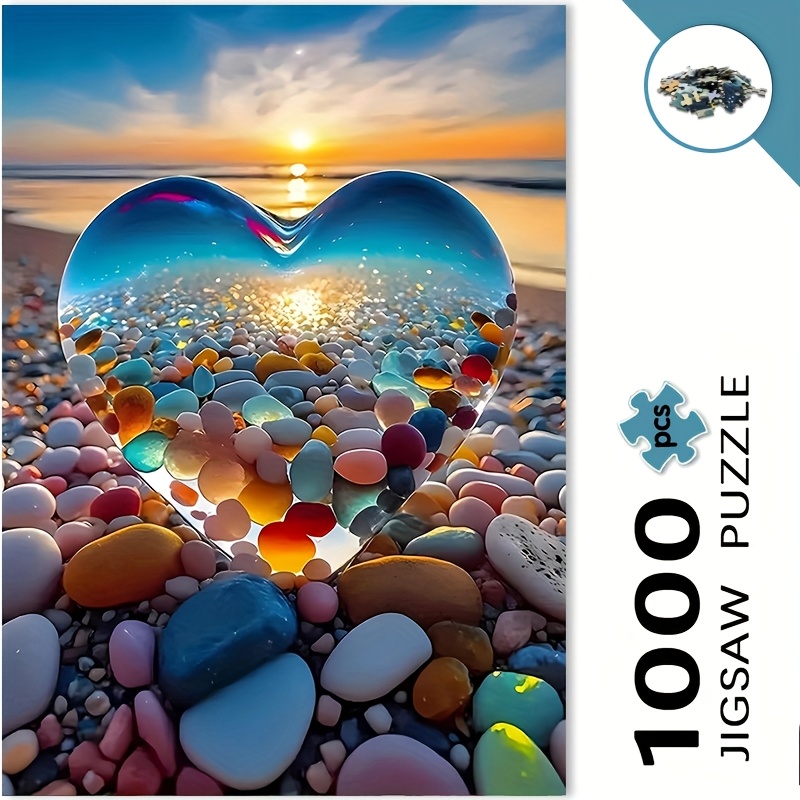 TEMU 1000pcs Jigsaw Puzzle - Heart-shaped Challenge With Beach Sunset, Waterproof & Scratch-resistant, Advanced Puzzle For Adults, Large Puzzle For