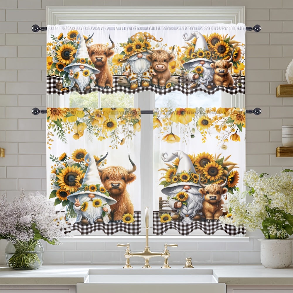 

1pc Valance/2pcs Sheer Curtains Garden Sunflower And Highland Cow Print, Rod Pocket Sheer Drapes For Bedroom, Office, Kitchen, Living Room, Study, And Home Decor