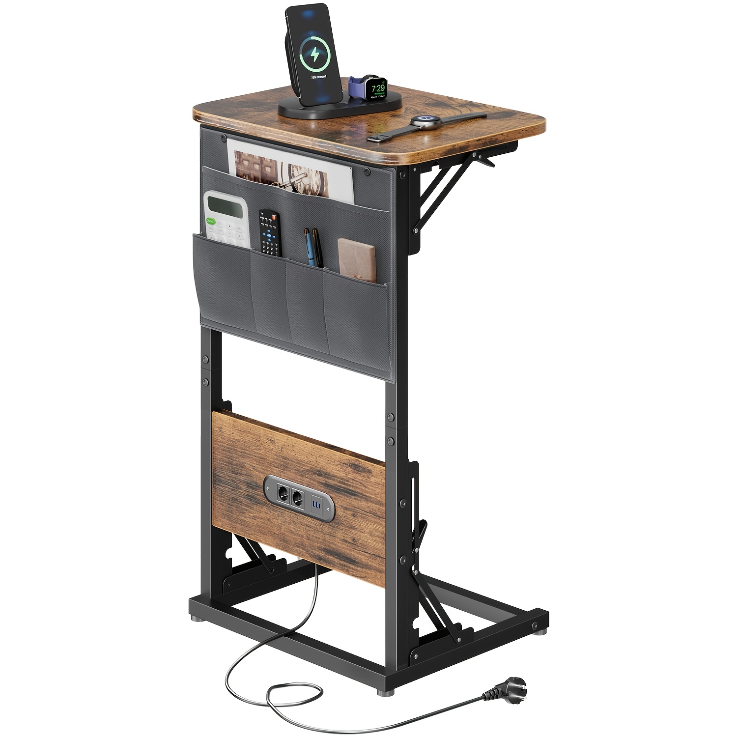 E-shop Kompakter Beistelltisch mit integriertem Steckdosenleisten und USB-Anschlüssen, vielseitiger Nachttisch mit Stauraum für Couch, Bett und Home