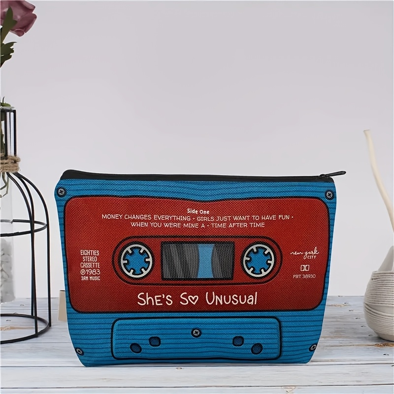 

Unusual" Tape Cosmetic Bag - Retro 80s Inspired, Lightweight & Foldable, Blue And Red With , Zipper Closure, Machine Washable, Ideal Gift For Music Enthusiasts & Pop Fans